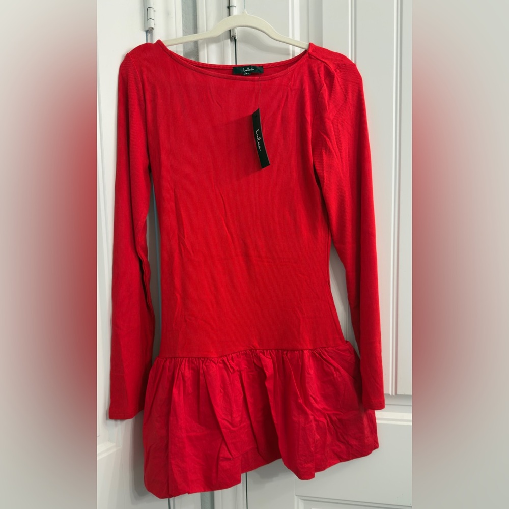 Lulu's Red Long Sleeve Peplum Top Mini Dress NWT